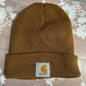 Carhartt Beanie Watch Hat Unisex OSFA Brown Excellent A18 Ribbed Knit Logo Cap
